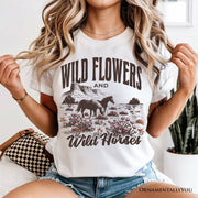 Wild Flowers and Wild Horses T-Shirt, Retro Western White and Natural Tee for Free-Spirited Women 