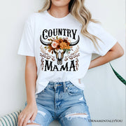 Country Mama Floral Buffalo Skull Vintage T-Shirt, Western Natural and White Women’s Tee 