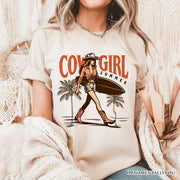 Cowgirl Summer Surf T-Shirt, Retro Western Beach White and Natural Tee for Free-Spirited Women 