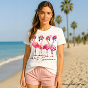 Flamingo Hello Summer T-Shirt, White and Natural Retro Tee with Tropical Birds 