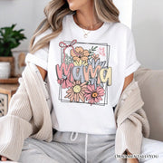 Floral Mama Coquette Bow Pastel T-Shirt, White and Natural Boho Tee With Spring Flower 