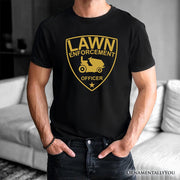 Lawn Enforcement Officer T-Shirt, Funny Badge Style Navy and Black Tee for Lawn Mower Gardener Dad 