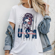 Made in America Messy Bun T-Shirt, Retro 4th of July White Patriotic Tee 