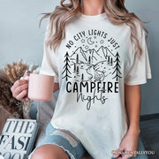 No City Lights Just Campfire Nights T-Shirt, White and Natural Camping Tee for Stargazing Campers 