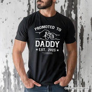 Promoted to Daddy Est. 2025 T-Shirt, Black and White New Dad Pregnancy Announcement Tee 