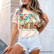 Summer Vibes T-Shirt, White and Natural Beach Tee with Coconut and Flowers 