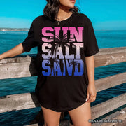 Sun Salt Sand Summer T-Shirt, Black Minimalist Beach Tee 
