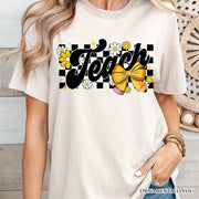 Teach Checkered Coquette Bow T-Shirt, White and Natural Retro Tee for Trendy Teachers 
