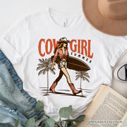 Cowgirl Summer Surf T-Shirt, Retro Western Beach White and Natural Tee for Free-Spirited Women 