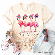 Flamingo Hello Summer T-Shirt, White and Natural Retro Tee with Tropical Birds 