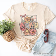 Floral Mama Coquette Bow Pastel T-Shirt, White and Natural Boho Tee With Spring Flower 