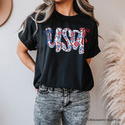 Floral USA Patriotic T-Shirt, 4th of July White, Natural and Black Tee for Stylish Women 