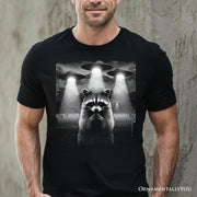 Funny Raccoon UFO T-Shirt, Unisex Black Tee for Space Lover 