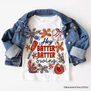 Hey Batter Batter Swing T-Shirt, Retro White and Natural Baseball Tee with Floral Accents 
