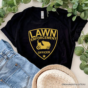 Lawn Enforcement Officer T-Shirt, Funny Badge Style Navy and Black Tee for Lawn Mower Gardener Dad 