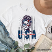 Made in America Messy Bun T-Shirt, Retro 4th of July White Patriotic Tee 