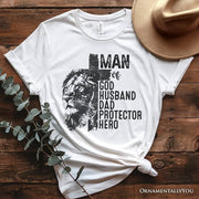 Man of God Lion Cross T-Shirt, White Tee for Faithful and Christian Fathers 