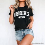 Over Thinker 247 T-Shirt, Minimalist Collegiate White, Natural and Black Tee for Tired Women 