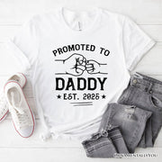 Promoted to Daddy Est. 2025 T-Shirt, Black and White New Dad Pregnancy Announcement Tee 