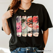 Summer Flamingo Beach T-Shirt, Retro Vacation Black Tropical Sunset Tee 
