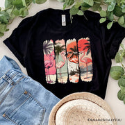 Summer Flamingo Beach T-Shirt, Retro Vacation Black Tropical Sunset Tee 