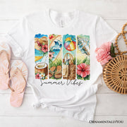 Summer Vibes T-Shirt, White and Natural Beach Tee with Coconut and Flowers 