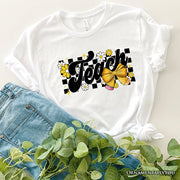 Teach Checkered Coquette Bow T-Shirt, White and Natural Retro Tee for Trendy Teachers 