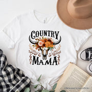 Country Mama Floral Buffalo Skull Vintage T-Shirt, Western Natural and White Women’s Tee 