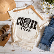 Coffee Makes Me Nicer Retro T-Shirt, Trendy White and Natural Tee for Stylish Women and Caffeine Lovers