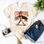 Cowgirl Summer Surf T-Shirt, Retro Western Beach White and Natural Tee for Free-Spirited Women 