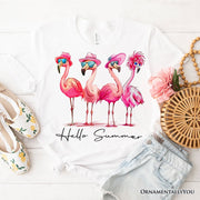 Flamingo Hello Summer T-Shirt, White and Natural Retro Tee with Tropical Birds 