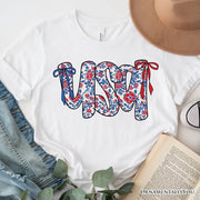 Floral USA Patriotic T-Shirt, 4th of July White, Natural and Black Tee for Stylish Women 