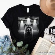 Funny Raccoon UFO T-Shirt, Unisex Black Tee for Space Lover 