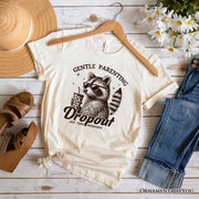 Gentle Parenting Dropout Raccoon T-Shirt, Tired Parent Humor Retro White and Natural Mom Tee 