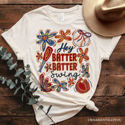 Hey Batter Batter Swing T-Shirt, Retro White and Natural Baseball Tee with Floral Accents 
