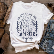 No City Lights Just Campfire Nights T-Shirt, White and Natural Camping Tee for Stargazing Campers 