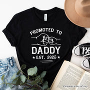 Promoted to Daddy Est. 2025 T-Shirt, Black and White New Dad Pregnancy Announcement Tee 