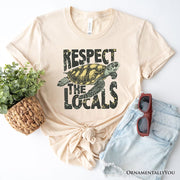 Respect the Locals Turtles T-Shirt, Retro Grunge White and Natural Tee for Ocean and Beach Lovers 