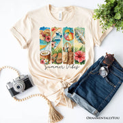 Summer Vibes T-Shirt, White and Natural Beach Tee with Coconut and Flowers 