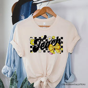 Teach Checkered Coquette Bow T-Shirt, White and Natural Retro Tee for Trendy Teachers 