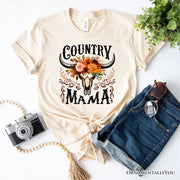 Country Mama Floral Buffalo Skull Vintage T-Shirt, Western Natural and White Women’s Tee 
