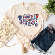 Floral USA Patriotic T-Shirt, 4th of July White, Natural and Black Tee for Stylish Women 