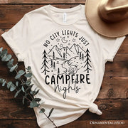No City Lights Just Campfire Nights T-Shirt, White and Natural Camping Tee for Stargazing Campers 