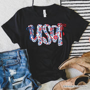 Floral USA Patriotic T-Shirt, 4th of July White, Natural and Black Tee for Stylish Women 