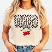 Checkered Cherry Disco Mama T-Shirt, White and Natural Coquette Bow Tee for Trendy Mothers 