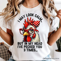 Pecking Chicken T-Shirt, Red Glasses and Bow White Tee for Sassy Women 