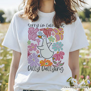 Sorry I'm Late I Was Dilly Dallying Goose T-Shirt, White and Natural Flowers Tee For Women 