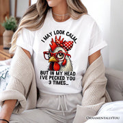 Pecking Chicken T-Shirt, Red Glasses and Bow White Tee for Sassy Women 