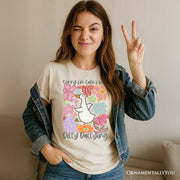 Sorry I'm Late I Was Dilly Dallying Goose T-Shirt, White and Natural Flowers Tee For Women 