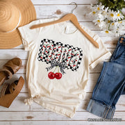 Checkered Cherry Disco Mama T-Shirt, White and Natural Coquette Bow Tee for Trendy Mothers 
